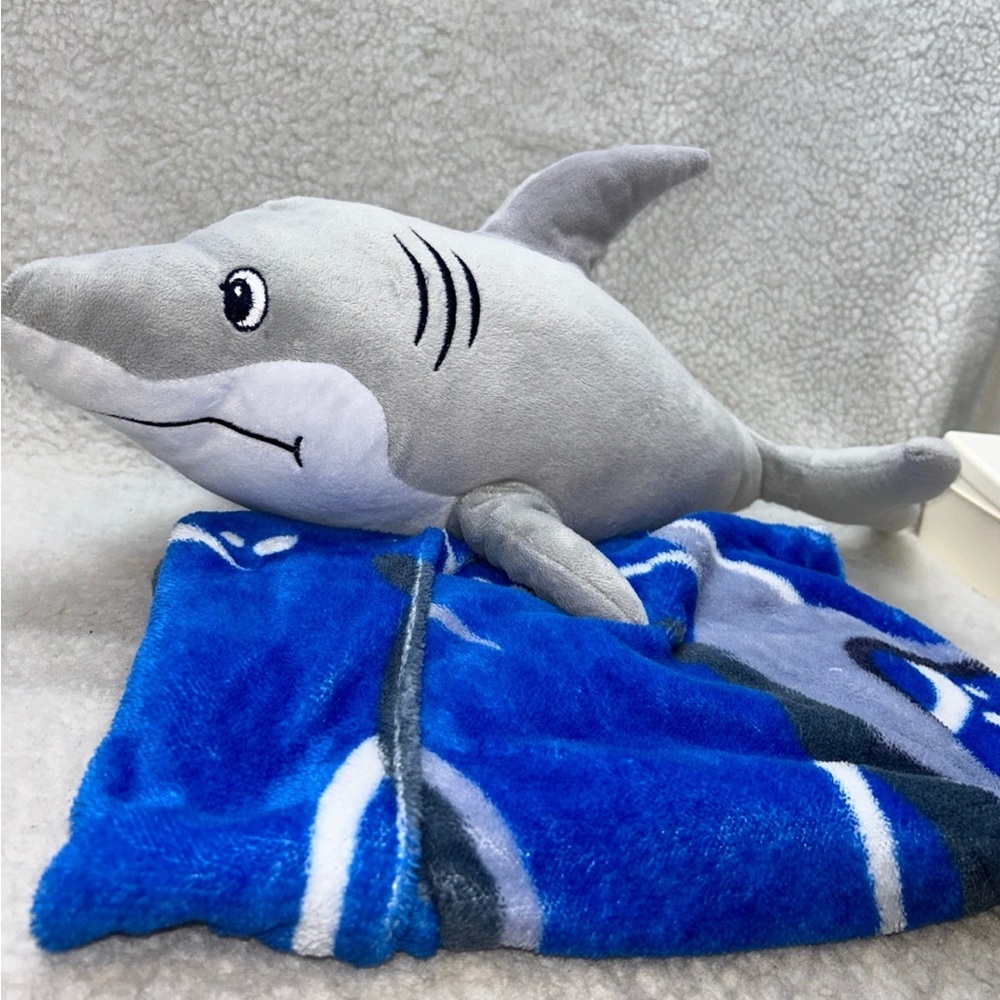 Sweet Dreams pillow case blue grey sharks and 20" shark plush sewn eyes